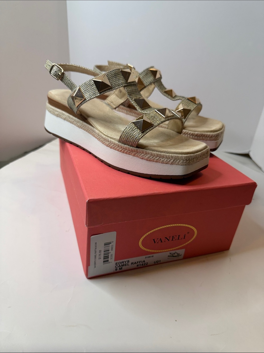 Vaneli Camel Raffia women’s wedge sandals